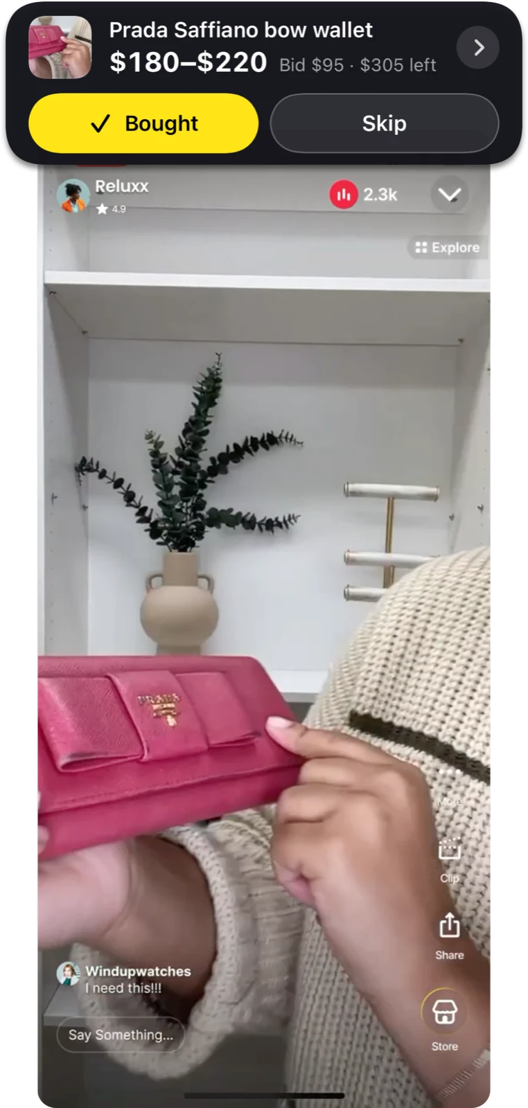 OvenMitts pricing a wallet during a live auction: a card over the stream shows the item, a $180–$220 price range, the current bid and the remaining budget, with Bought and Skip buttons.